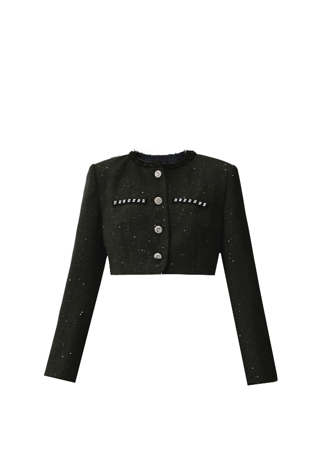 A constellation of refinement — the Noir Étoile Ensemble merges classic Parisian tailoring with Fragileheart’s pastel-noir sensuality. The cropped glitter tweed jacket and sculpted mini dress shimmer with quiet confidence, revealing both softness and strength. Perfect for evenings when sophistication meets modern rebellion.