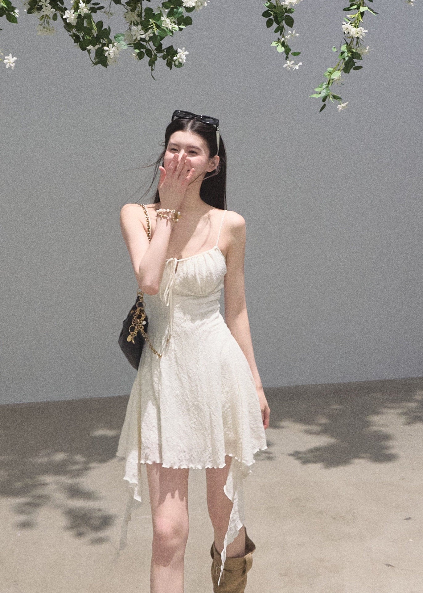 Lightweight jacquard slip mini dress with waist-defining silhouette