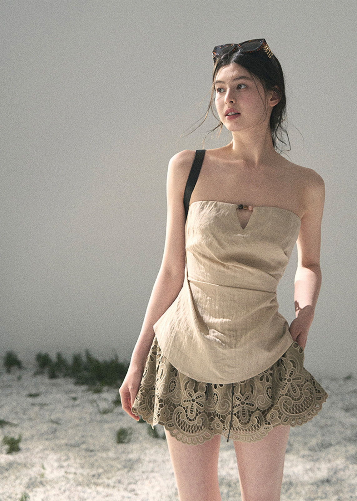 aomalm top, strapless top women, french strapless top, waist cinching top, beige bandeau top, draped summer top, feminine korean top, romantic summer blouse, sleeveless fitted top, tencel blend top, elegant going out top, summer date outfit top
