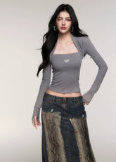 LuluSwings knit top, fake two piece long sleeve, slim fit layered top, Korean stylish slim tee, trendy hot girl top, modern layered sleeve knit, body contour knitwear, black layered knit top, pink slim knit top, fashionable Korean long sleeve, sexy city girl style top, AW fitted knit shirt, trendy dual sleeve top women