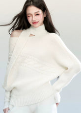 Fragileheart knit set, ivory scarf sweater, luxury Korean fashion, quiet luxury womenswear, bat sleeve knit top, pastel noir aesthetic, winter soft outfit, elegant white sweater set, K-fashion 2025, minimalist luxury knitwear, off-shoulder knit top, cozy feminine fashion, modern Korean outfit, refined winter style