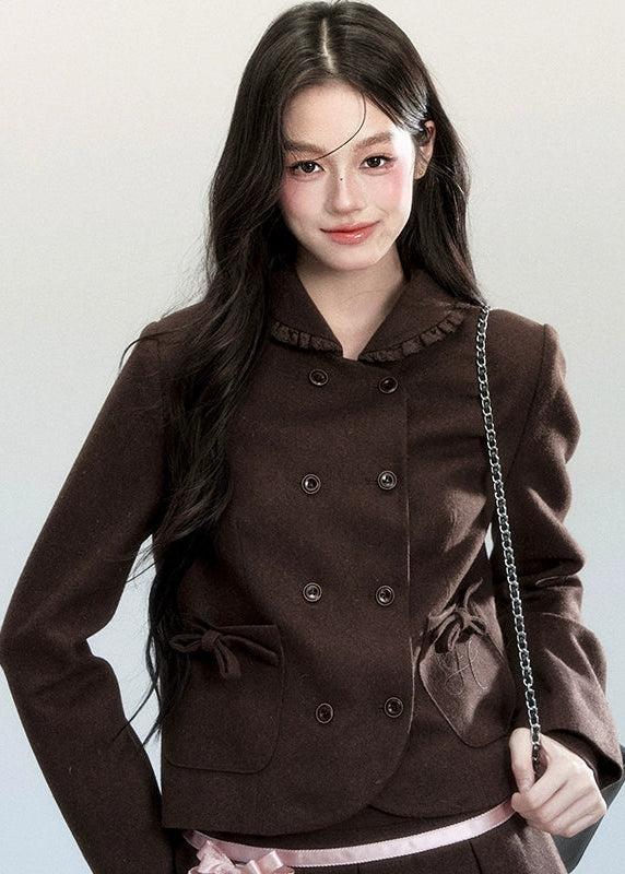 Fragileheart skirt suit set, brown pleated two-piece, luxury Korean fashion, doll collar jacket, vintage feminine outfit, quiet luxury womenswear, pastel noir aesthetic, elegant autumn ensemble, K-fashion 2025, romantic preppy look, mocha brown outfit, chic bow jacket set, soft classic fashion, refined Korean style