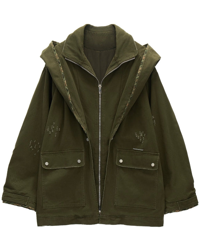 distressed cargo jacket women, frayed utility jacket, vintage workwear coat ladies, fall winter 2025 outerwear women, loose casual commuter jacket, korean street fashion jacket, lazy fit grunge outerwear, washed vintage cargo coat, nowa tokyo retro street style