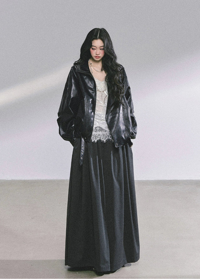 PU leather jacket, oversized moto jacket, black faux leather coat, Korean streetwear jacket, biker style jacket women, edgy autumn jacket, moto blouson top, trendy PU outerwear, hot girl street style, loose fit leather jacket, cool girl aesthetic jacket, Korean American fashion, fall leather jacket women, stylish biker coat, oversized motorcycle jacket