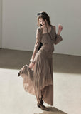 Draped taupe top and maxi skirt two-piece set
