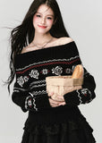 Fragileheart knit sweater, off-shoulder Fair Isle top, rose jacquard knitwear, luxury Korean fashion, Parisian romantic sweater, quiet luxury winter style, pastel noir aesthetic, elegant black knit top, K-fashion 2025, feminine winter outfit, cozy off-shoulder pullover, soft romantic fashion, vintage rose sweater, delicate feminine knit