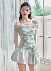 fragileheart top, floral off shoulder top, korean feminine top, mint floral top, slimming summer top, off shoulder t-shirt, romantic floral top, soft girl top, feminine korean fashion, summer date top, draped shoulder top, floral mesh top