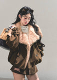 eco fur jacket women, brown plush winter coat, faux fur collar jacket, loose warm winter top, chestnut fur jacket, fluffy winter outerwear, korean eco fur fashion, fw25 warm plush coat, women faux fur jacket, winter statement coat