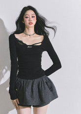 lace cutout top, asymmetric lace top, sexy lace longsleeve, Korean fashion top, Korean hot girl style, Korean streetwear top, lace detail knit shirt, cutout knit top, trendy black lace shirt, fall winter Korean tops, boutique lace top, French chic lace shirt, elegant cutout tee, women’s lace fashion top, Korean-American style top, off shoulder lace top, stylish long sleeve top, slim fit lace tee, aesthetic lace outfit