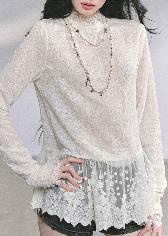 lace high neck top, ivory lace blouse, sheer lace peplum shirt, Korean lace aesthetic, French lace top, slim fit lace tee, hollow lace long sleeve, feminine lace blouse, elegant lace top women, autumn lace shirt, romantic lace fashion, soft girl lace top, Korean preppy lace style, delicate lace clothing, lace layering top