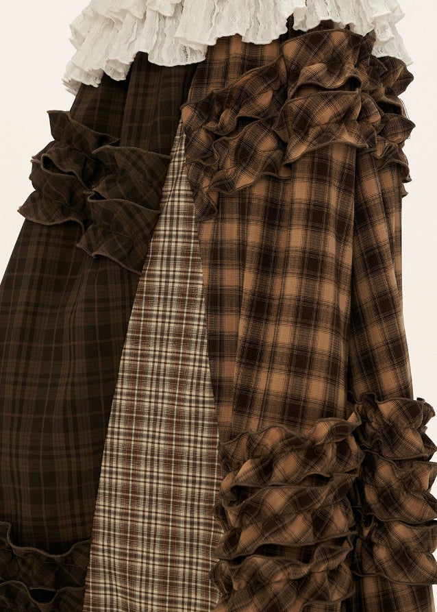brown plaid skirt, layered midi skirt, patchwork check skirt, ruffle plaid skirt, autumn winter outfit women, mocha mid length skirt, fw25 collection, street boutique fashion, korean plaid fashion, tokyo style skirt