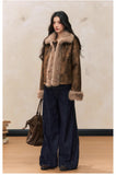 Retro coat brown slim fur splicing coat