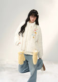 umoumo floral embroidery coat, embroidered fleece jacket women, korean cute fur jacket, stand collar fur coat, winter fuzzy jacket women, feminine korean style outerwear, soft warm sherpa coat, knitted panel embroidery jacket, kawaii winter coat, cozy floral fur jacket, pastel korean jacket, winter fashion 2025 women