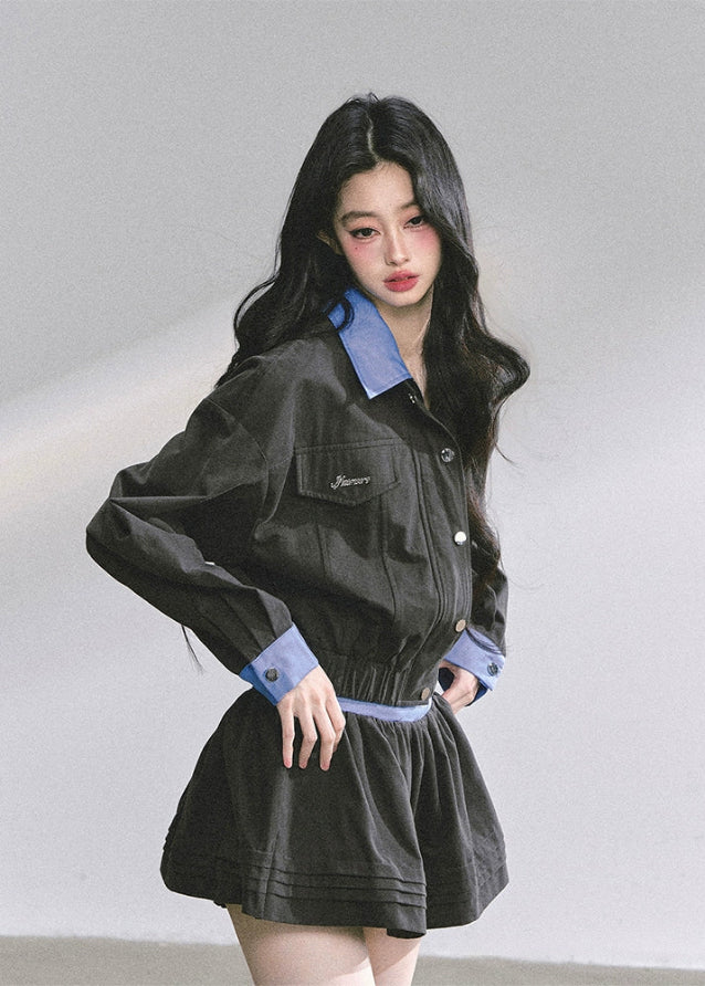 korean cargo skirt set women, hepburn style two piece set, korean fashion autumn suit, utility jacket mini skirt outfit, seoul street style set, french inspired outfit women, chic korean jacket skirt, black cargo jacket women, korean preppy style outfit, modern elegant korean fashion, hepburn mini skirt set, high end autumn women set, korean two piece skirt set, cargo chic streetwear women, korean hot girl outfit fall