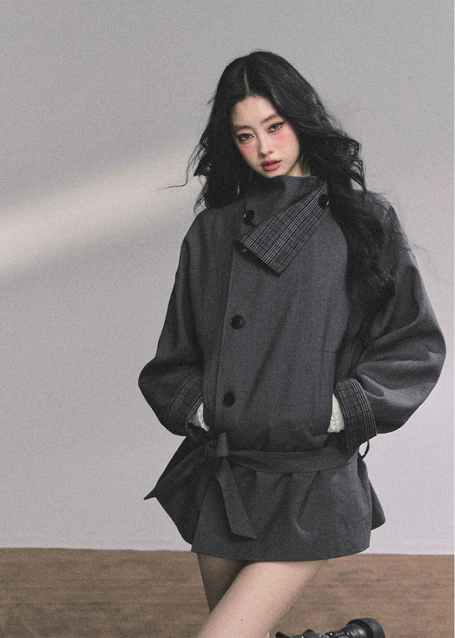 plaid trench coat women, stand collar trench coat, french style coat women, british style blazer coat, oversized autumn coat women, plaid lined jacket, korean fashion coat, loose fit trench coat, fall winter outerwear women, double breasted coat women, chic plaid trim coat, high neck trench jacket