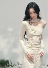 AOMALM lace top, off shoulder floral top, French romantic blouse, Korean feminine fashion, spring cropped lace top, asymmetric shoulder knit, rose appliqué top, quiet luxury womenswear, elegant fitted spring top, sheer texture fashion, waist defining blouse, Parisian inspired fashion top, soft romantic silhouette, three dimensional flower lace shirt, luxury Korean designer style, refined spring layering piece, feminine minimalist top, delicate floral blouse women, romantic cropped knit top, French Korean ae