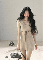 aomalm dress, ribbed knit mini dress, french lace knit dress, beige summer dress, korean feminine dress, waist tie mini dress, lace trim dress, short sleeve knit dress, slim summer dress, romantic knit dress, feminine korean fashion, soft beige mini dress