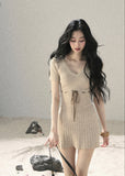 aomalm dress, ribbed knit mini dress, french lace knit dress, beige summer dress, korean feminine dress, waist tie mini dress, lace trim dress, short sleeve knit dress, slim summer dress, romantic knit dress, feminine korean fashion, soft beige mini dress