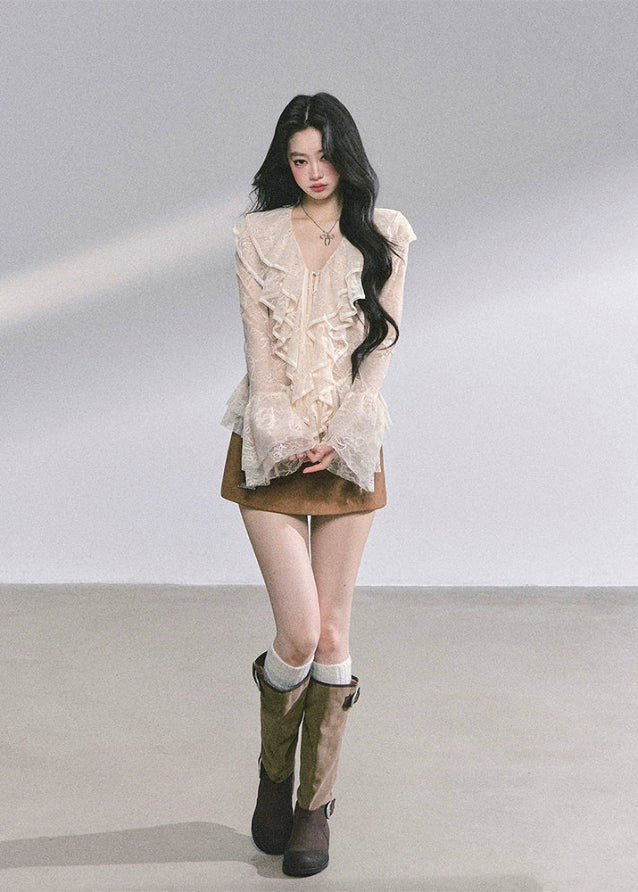 lace ruffle blouse, sheer lace long sleeve top, pure desire korean top, french romantic ruffle shirt, autumn lace blouse women, sexy cut out lace top, korean american fashion top, cream lace frill top, elegant lace t-shirt, soft girly lace outfit