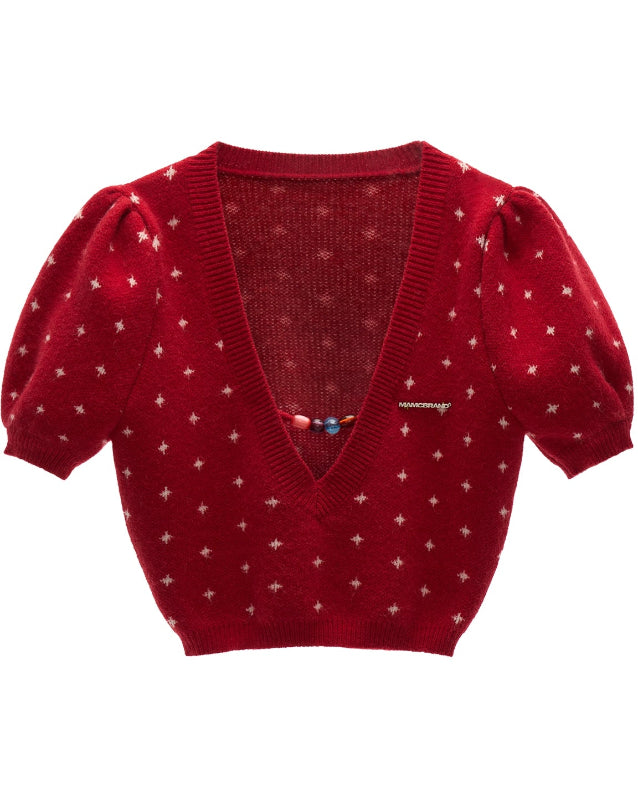 vintage crochet sweater women, puff sleeve lace knit top, romantic slim fit knitwear, fall winter feminine sweater, korean soft girl fashion, gentle sweet crochet top, v neck lace knit blouse, cottagecore puff sleeve sweater, nowa tokyo romantic knit style