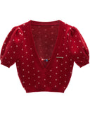 vintage crochet sweater women, puff sleeve lace knit top, romantic slim fit knitwear, fall winter feminine sweater, korean soft girl fashion, gentle sweet crochet top, v neck lace knit blouse, cottagecore puff sleeve sweater, nowa tokyo romantic knit style