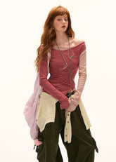 ストライプ柄フェイクツーピーストップ