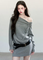 Fragileheart knit dress, off-shoulder wool dress, luxury Korean fashion, quiet luxury womenswear, grey sweater dress, pastel noir aesthetic, autumn knit outfit, elegant minimalist style, K-fashion 2025, refined feminine silhouette, soft draped neckline dress, cozy chic outfit, modern Korean fashion, sophisticated knitwear dress