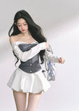off shoulder corset top, fake two piece top, women’s bustier shirt, korean off shoulder blouse, korean american fashion top, summer corset blouse, slimming waist top, plaid corset shirt, girl group style top, kpop inspired top, trendy streetwear women, off shoulder long sleeve top, sculpted waist blouse, sexy summer top women, stylish two tone top