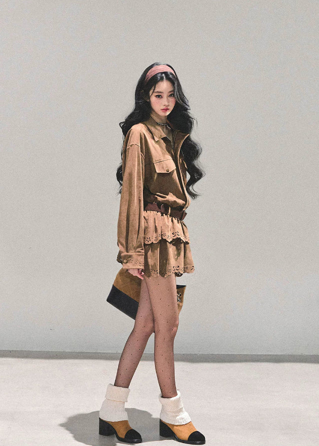 suede shirt dress women, faux two piece dress, brown cowhide dress, lace hem mini dress, autumn winter shirt dress, american suede style dress, browncore skirt dress, fw25 suede outfit, rustic suede mini dress, cutwork lace dress women