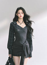 slim fit plaid sleeve dress, fake two piece dress women, Korean style mini dress, college girl plaid dress, trendy slim bodycon dress, autumn fashion mini dress, K-fashion plaid dress, American royal sister dress, check sleeve mini dress, waist tie bodycon dress, elegant plaid dress for women, sexy hip-hugging dress, summer slim plaid dress, girl group fashion dress, stylish campus dress for women