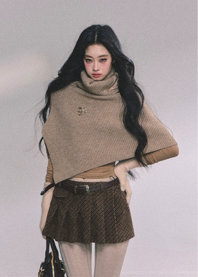 french knit shawl, turtleneck knit cape, women's autumn knit tops, fall winter knitted shawl, korean street style knit top, elegant french style sweater, draped knit poncho, cozy turtleneck wrap, chic knit cloak sweater, layered knit shawl for women, fall fashion tops women, kawaii korean knitwear, oversized knit wrap top, soft wool knit cape, trendy knitted fall tops