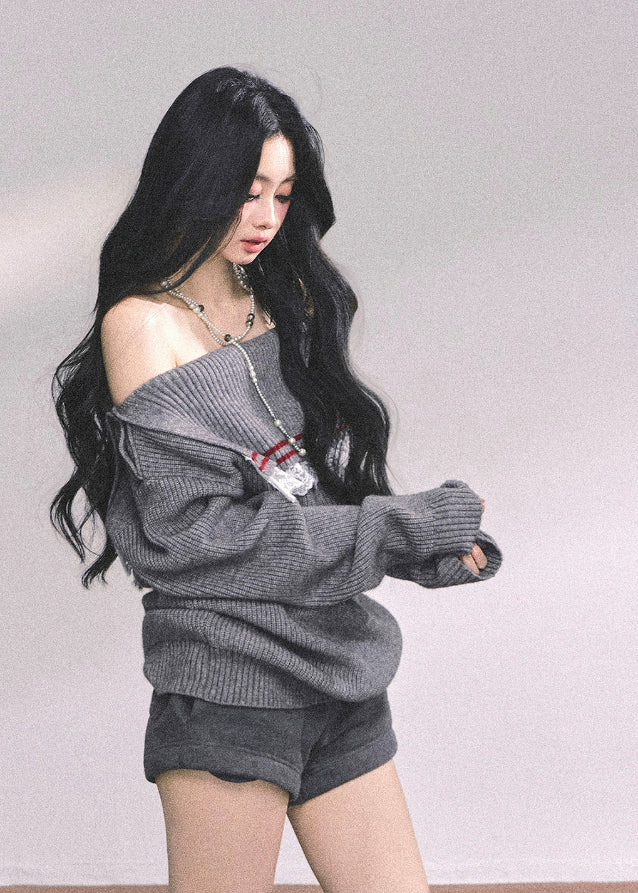 off shoulder knit sweater women, preppy lace sweater, british style grey knit, slanted shoulder knit top, loose winter pullover, fw25 preppy knit, lace inset sweater, american preppy sweater women, gray off shoulder top
