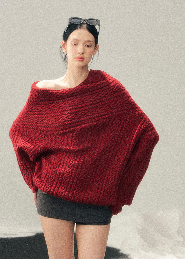 AOMALM knit sweater, off shoulder sweater women, red winter knit top, cable knit sweater women, Korean aesthetic sweater, American campus style knit, cozy winter sweater women, feminine off shoulder top, twist knit sweater, warm winter knit top