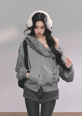 fur trim sweatshirt set, off shoulder hoodie set, winter two piece outfit, faux fur collar hoodie, Korean fashion sweat set, winter streetwear women, cozy fur hoodie, trendy winter shorts set, American college style outfit, Nordic winter fashion, warm casual two piece, stylish winter loungewear, cute fur trim top, off shoulder winter sweater, womens winter sporty set