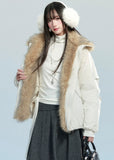 Fragileheart down jacket, fur trim puffer coat, luxury Korean fashion, quiet luxury outerwear, 90 white duck down jacket, eco fur winter coat, pastel noir aesthetic, elegant short puffer, K-fashion 2025, warm feminine outerwear, ivory winter parka, modern Korean fashion, sophisticated down coat, luxury winter womenswear