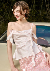 Baby pink satin top and sequin mini skirt set