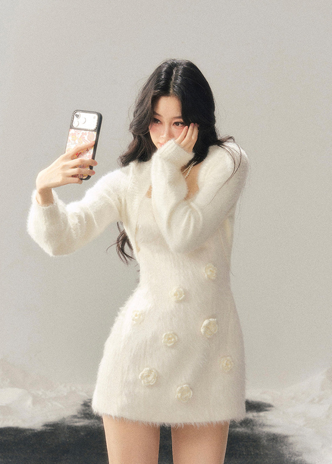 AOMALM dress, Korean winter dress, feminine knit dress, floral mini dress, 3D flower dress, sweet winter outfit, slim fit knit dress, French style dress, soft girl aesthetic, Korean fashion women, winter mini dress, elegant knit dress, romantic winter dress, aesthetic slip dress, trendy women’s dress, Korean aesthetic outfit, cozy winter dress