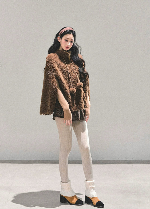lamb wool cloak women, korean cape jacket, brown winter warm top, shearling cape coat, lambcore winter outerwear, mocha wool cloak, fw25 warm jacket women, poncho style winter coat, stand collar wool cape, cozy brown winter top