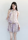 fragileheart dress, floral halterneck dress, pink floral mini dress, korean feminine dress, romantic summer dress, vintage floral dress, scarf neck mini dress, lilac floral dress, soft girl summer dress, feminine date dress, floral korean fashion, halterneck short dress