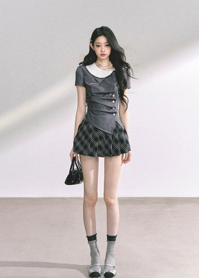 korean school girl outfit, two piece set women, y2k mini skirt set, seoul street fashion, preppy aesthetic outfit, short sleeve suit top, hot girl style clothing, korean fashion 2025, pleated mini skirt set, chic uniform look, korean preppy outfit, trendy korean set, summer matching outfit women, elegant french korean fashion