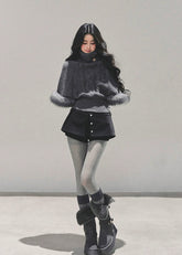 mohair turtleneck sweater women, grey twist knit top, korean autumn winter sweater, cable knit high neck top, soft mohair knitwear, plush sleeve sweater, fw25 korean fashion, warm winter knit top, elegant grey sweater women