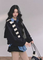 oversize sweatshirt women, layered polo sweatshirt, fake two piece top, Korean preppy style top, American college style pullover, fall winter oversized top, blue layered sweatshirt, preppy polo collar top, Korean fashion women tops, streetwear layered sweatshirt, oversized polo sweater, womens autumn casual tops