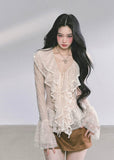 lace ruffle blouse, sheer lace long sleeve top, pure desire korean top, french romantic ruffle shirt, autumn lace blouse women, sexy cut out lace top, korean american fashion top, cream lace frill top, elegant lace t-shirt, soft girly lace outfit
