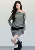 Fragileheart knit dress, off-shoulder wool dress, luxury Korean fashion, quiet luxury womenswear, grey sweater dress, pastel noir aesthetic, autumn knit outfit, elegant minimalist style, K-fashion 2025, refined feminine silhouette, soft draped neckline dress, cozy chic outfit, modern Korean fashion, sophisticated knitwear dress