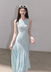 Blue green sleeveless draped midi dress