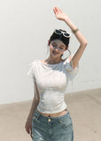 oakmoo top, jacquard short sleeve top, white slim top, korean minimal fashion, waist skimming t-shirt, textured summer top, feminine white top, vintage jacquard top, soft summer blouse, quiet luxury casual top, slim fit summer top, korean summer outfit