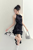 Niche design dinner style black rose ribbon sleeveless dress