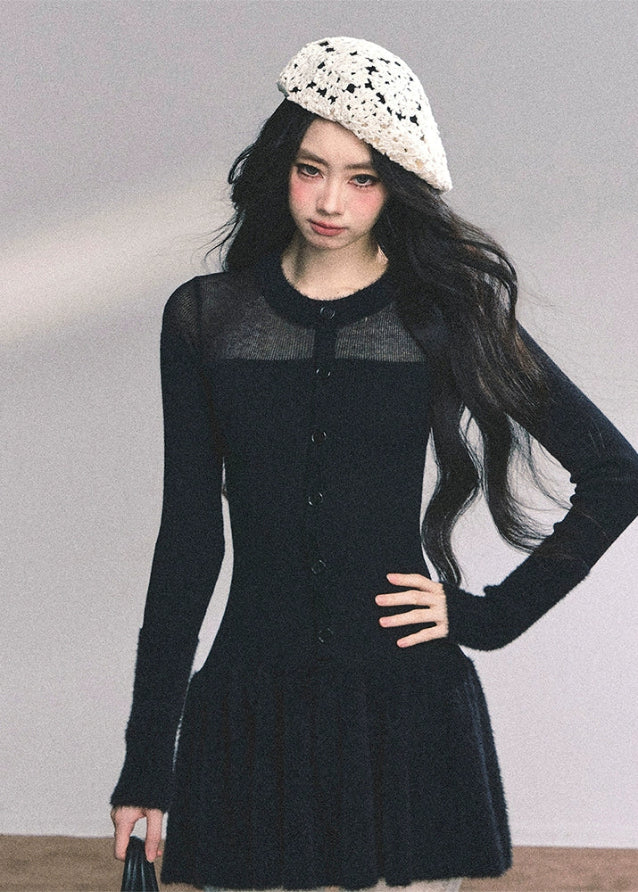 french knit dress women, sheer yoke sweater dress, autumn black knit mini, slimming waist knit dress, sexy knitted dress women, fw25 sweater dress, long sleeve knit skirt, noir knit mini dress, elegant french style dress