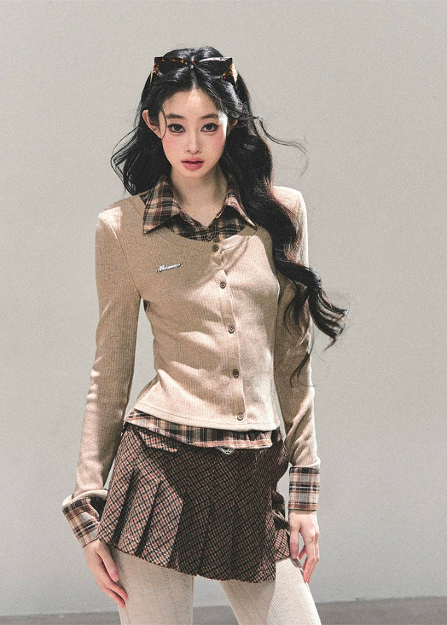 fake two piece polo top, long sleeve polo knit women, american preppy knit shirt, autumn polo collar top, layered knit t-shirt women, brown collared knit top, fw25 preppy knitwear, korean layered polo top, slim fit autumn knit shirt