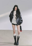 PU leather jacket, oversized moto jacket, black faux leather coat, Korean streetwear jacket, biker style jacket women, edgy autumn jacket, moto blouson top, trendy PU outerwear, hot girl street style, loose fit leather jacket, cool girl aesthetic jacket, Korean American fashion, fall leather jacket women, stylish biker coat, oversized motorcycle jacket